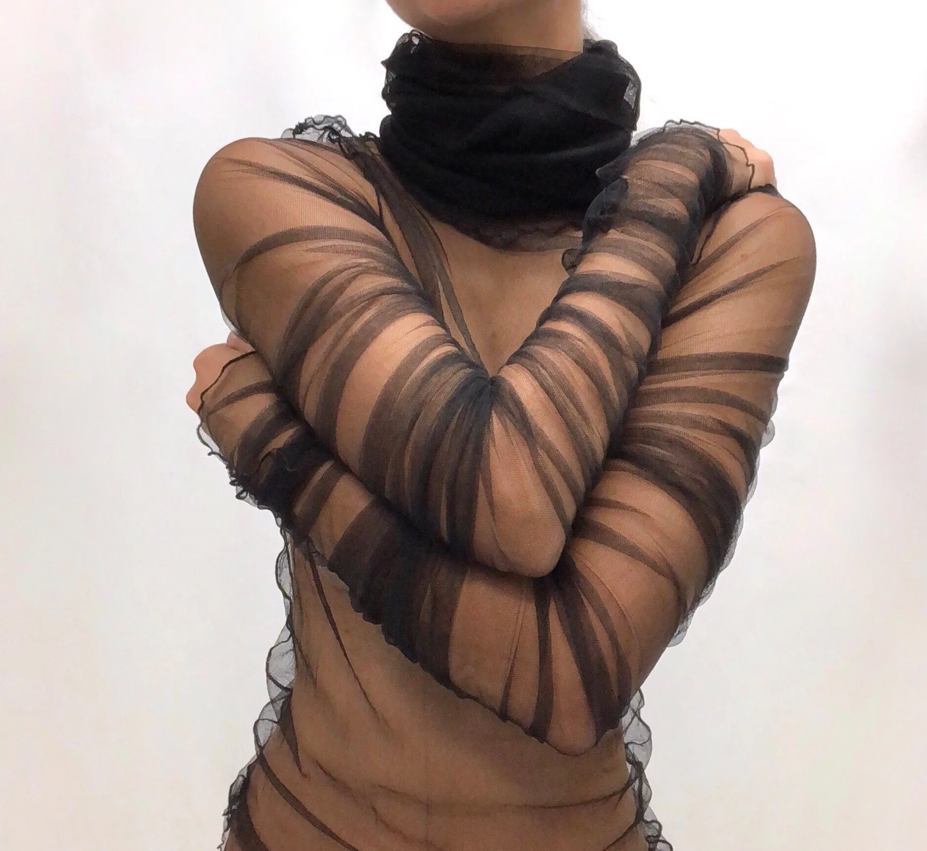 Chanel Black Sheer Ruched Sleeve Turtleneck