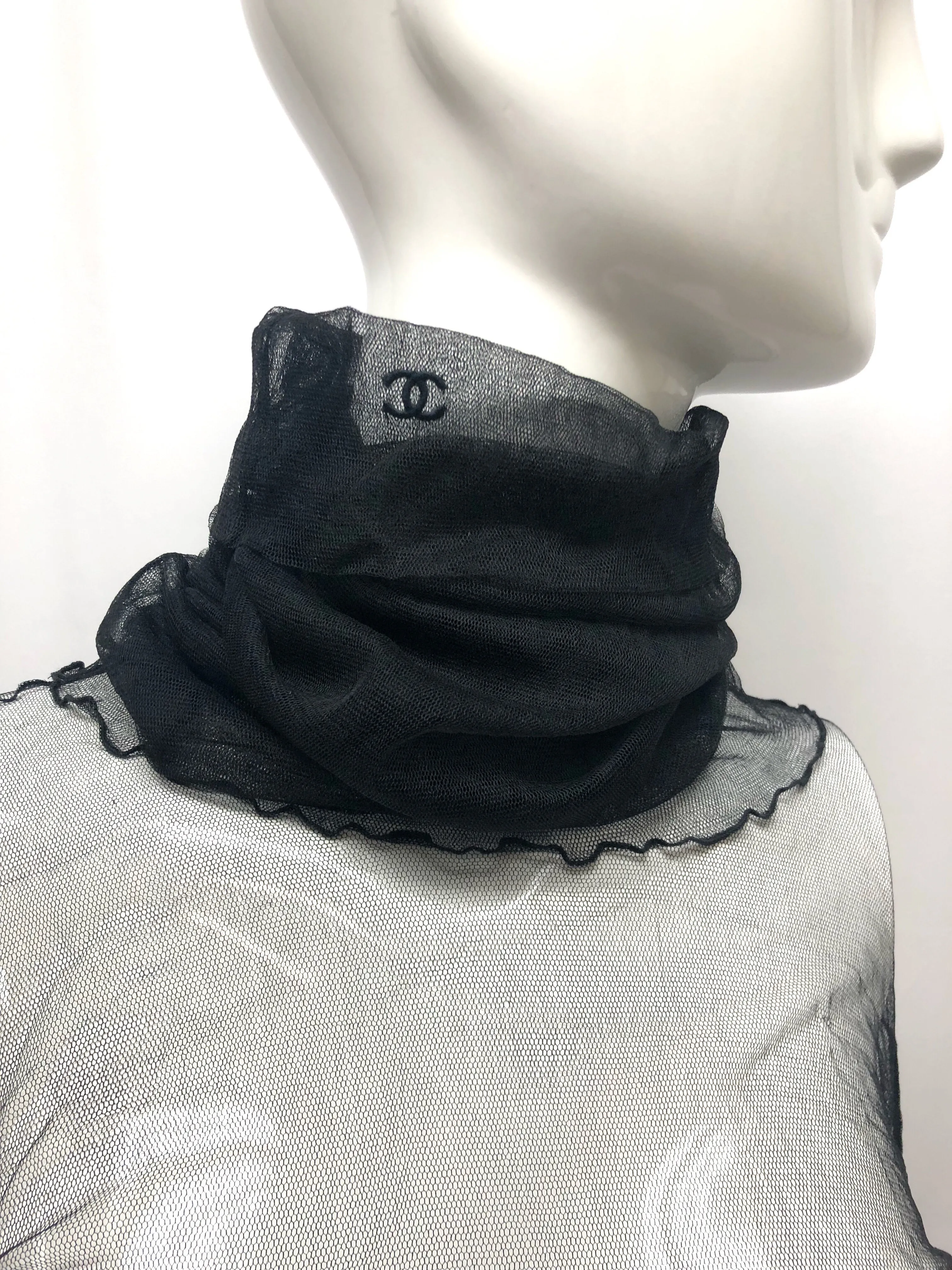 Chanel Black Sheer Ruched Sleeve Turtleneck