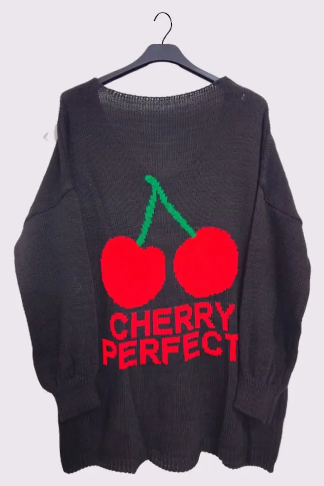 Cherry Perfect Slogan Cherry Pattern Knit Cuffed Sleeve Jumper