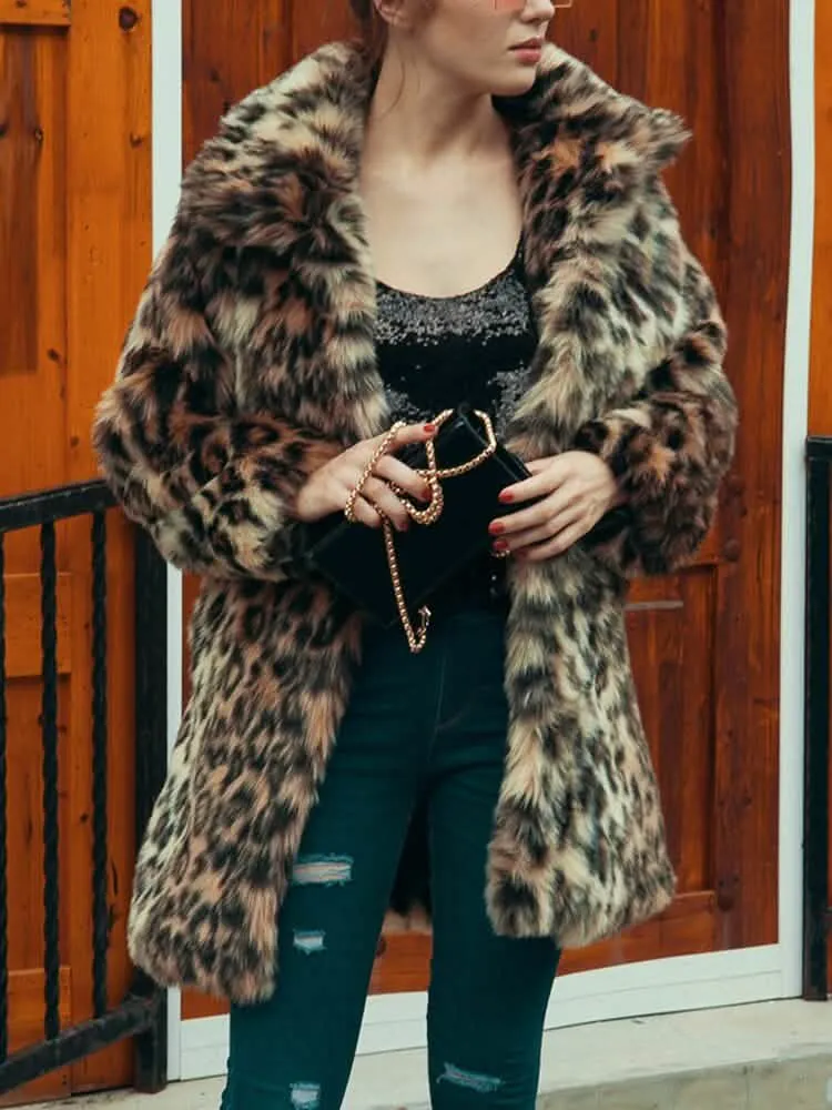 Chic Women's Long Sleeve Faux Fur Coat in Wild Leopard Print