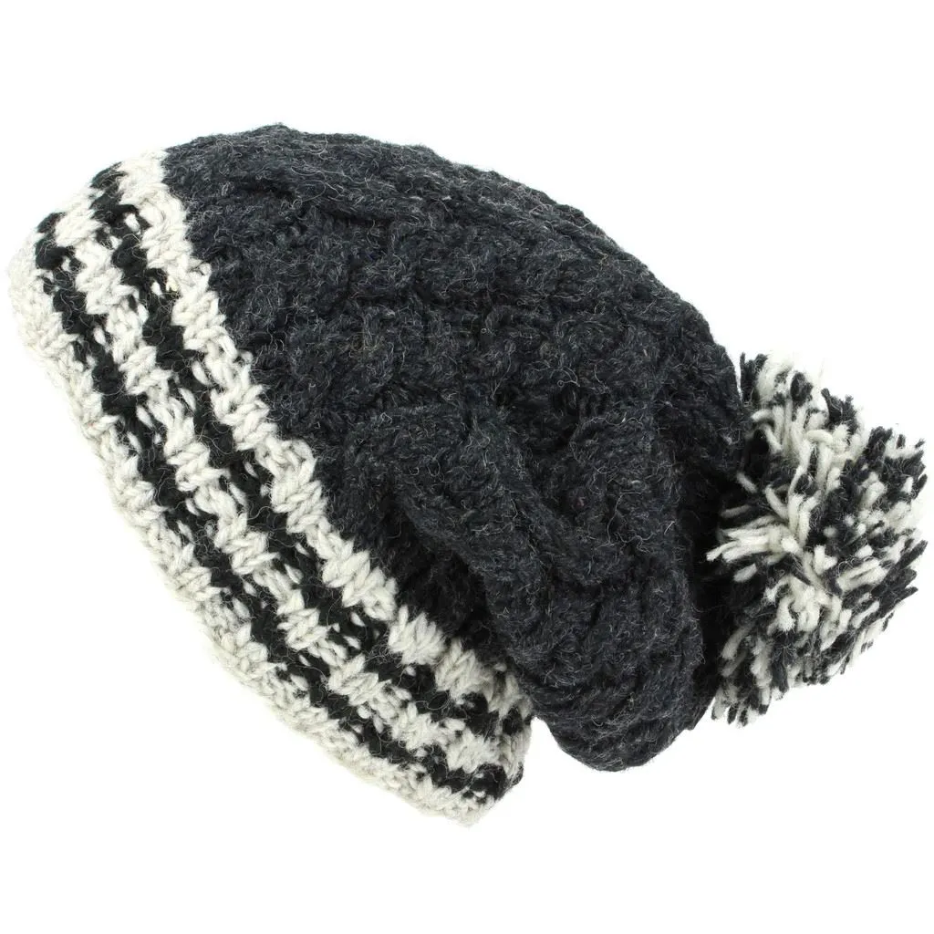 Chunky Wool Cable Knit Big Baggy Slouch Beanie Bobble Hat with Striped Brim - Charcoal