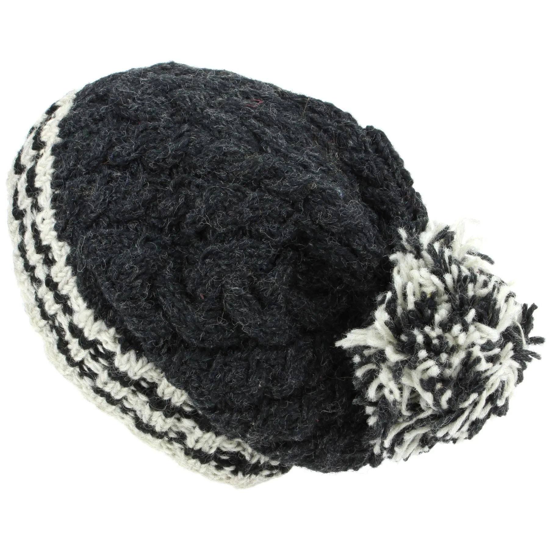 Chunky Wool Cable Knit Big Baggy Slouch Beanie Bobble Hat with Striped Brim - Charcoal