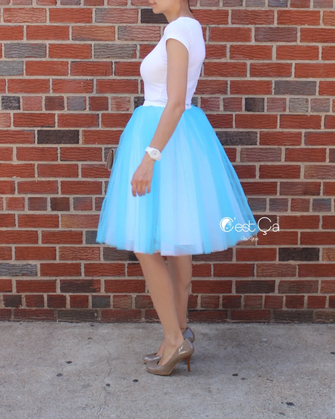 Clarisa Ombré Tulle Skirt - White & Aqua Blue, Midi