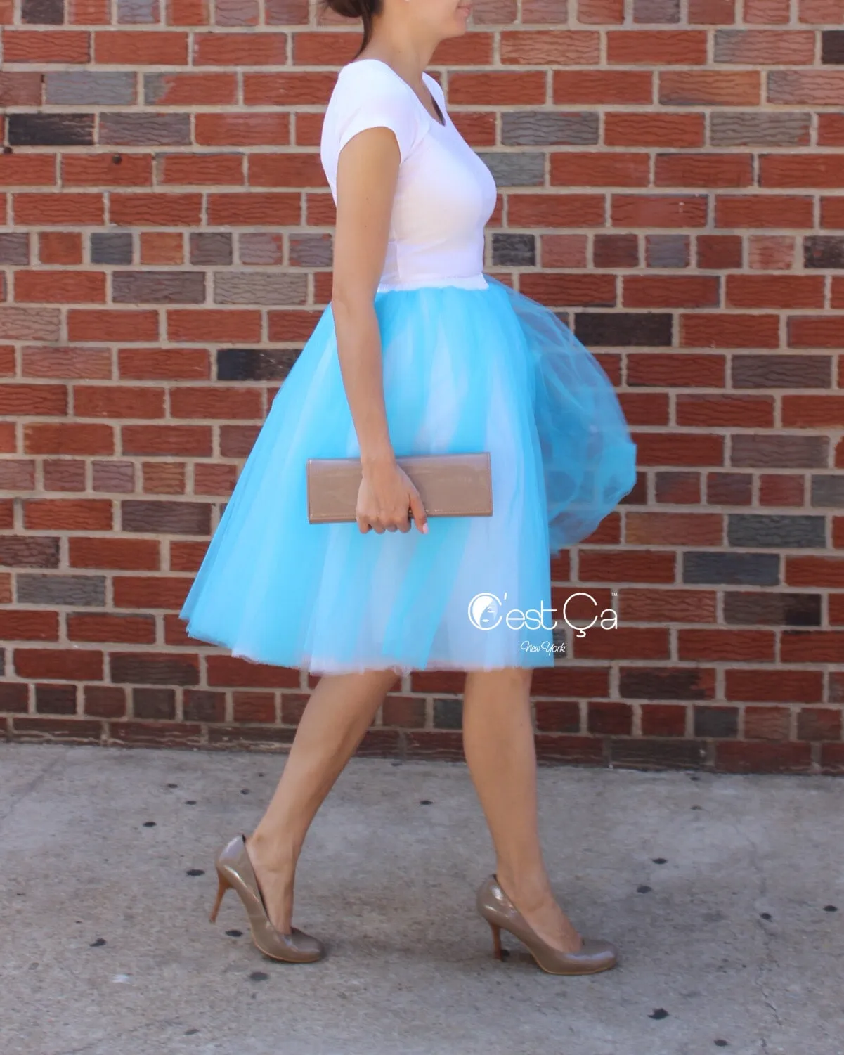 Clarisa Ombré Tulle Skirt - White & Aqua Blue, Midi