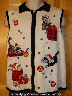 Crazy Cat Lady Tacky Cheesy Holiday Sweater Vest with Cats with Leopard Fur (f1184)