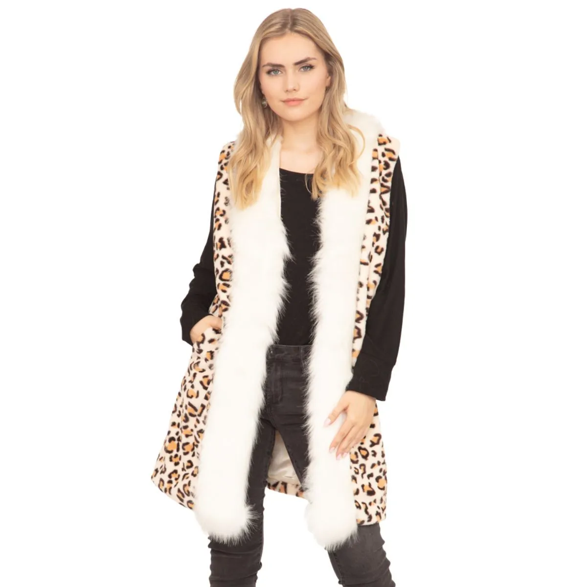 Cream Leopard Fur Trim Vest