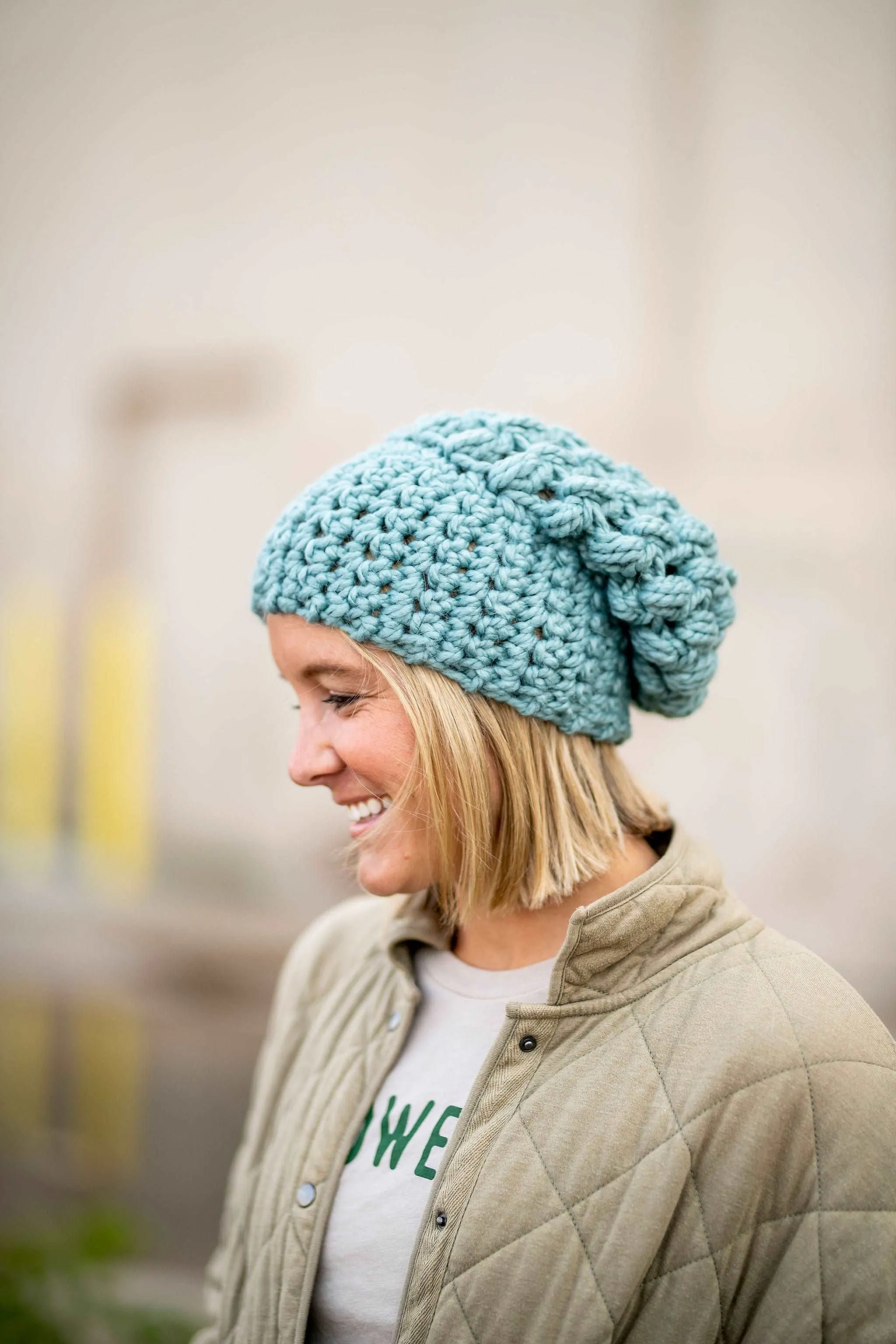 Crochet Puff Stitch Slouch Hat | Succulent Blue