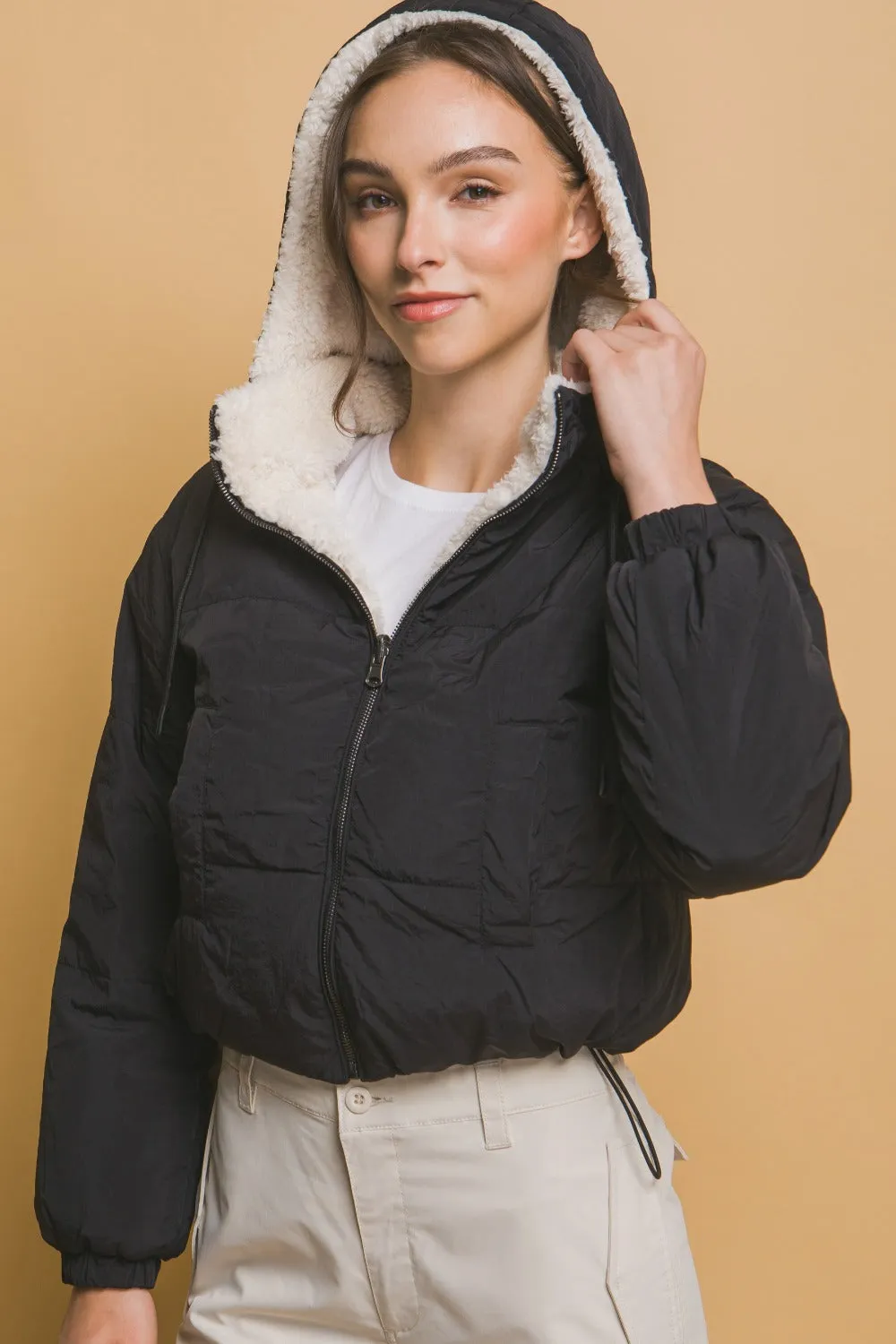 Cropped Hooded Sherpa Reversible Jacket