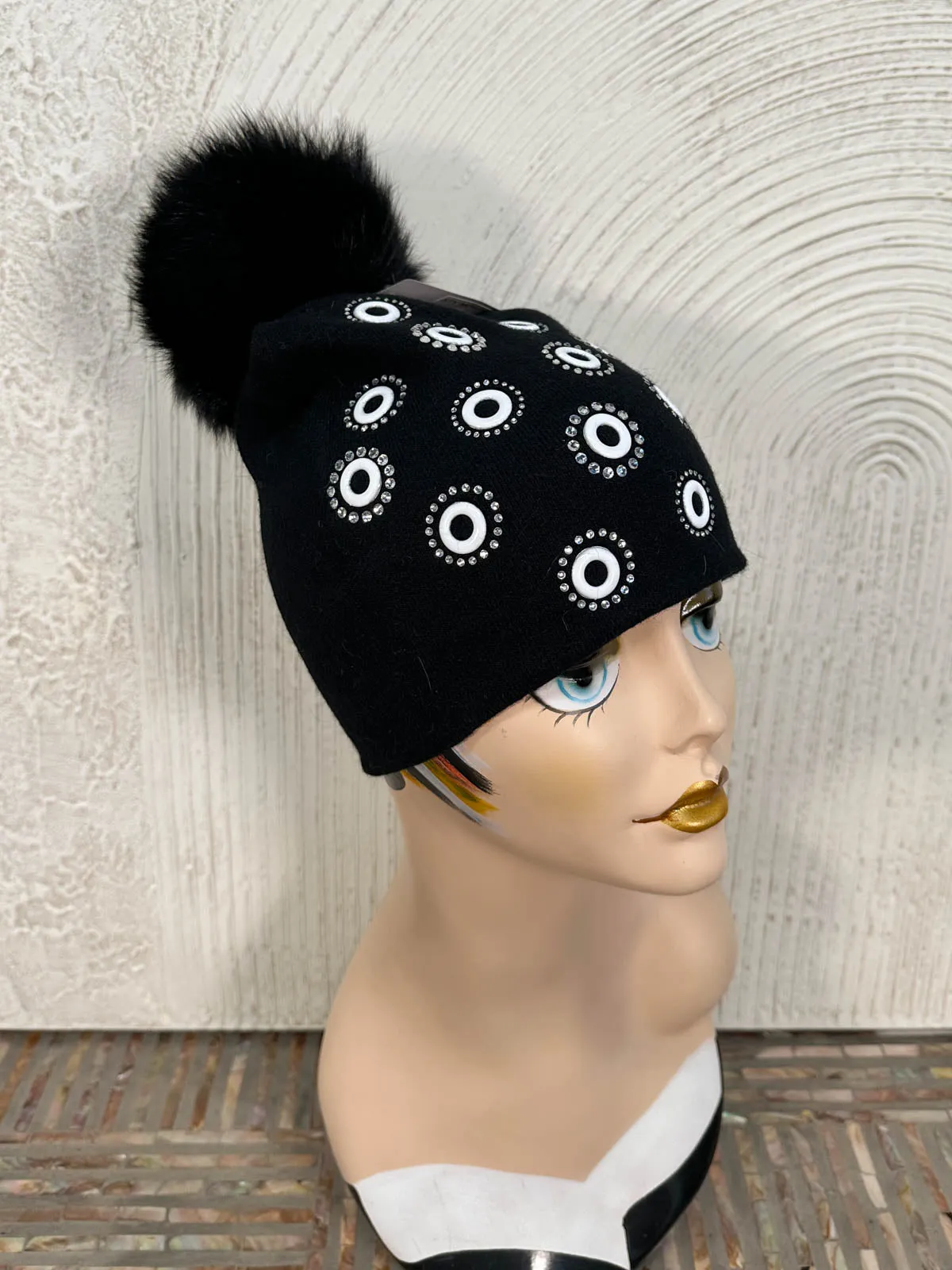 Crystal Circles Fur Pom Pom Beanie Hat, Black