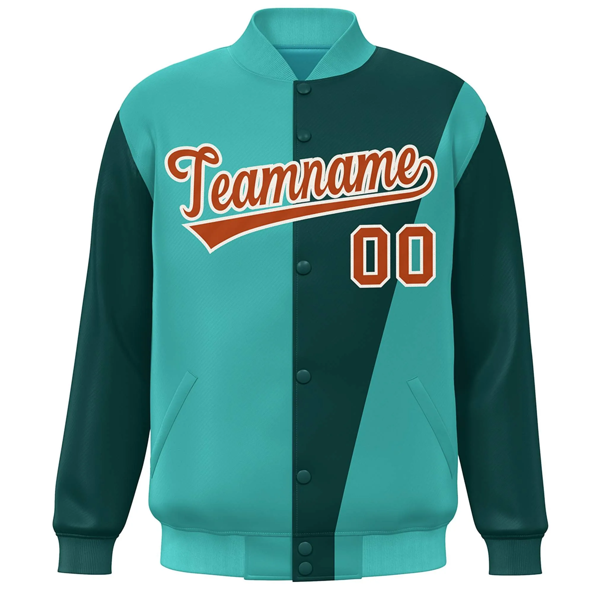 Custom Aqua Midnight Green-Orange Color Block Varsity Full-Snap Bomber Jacket