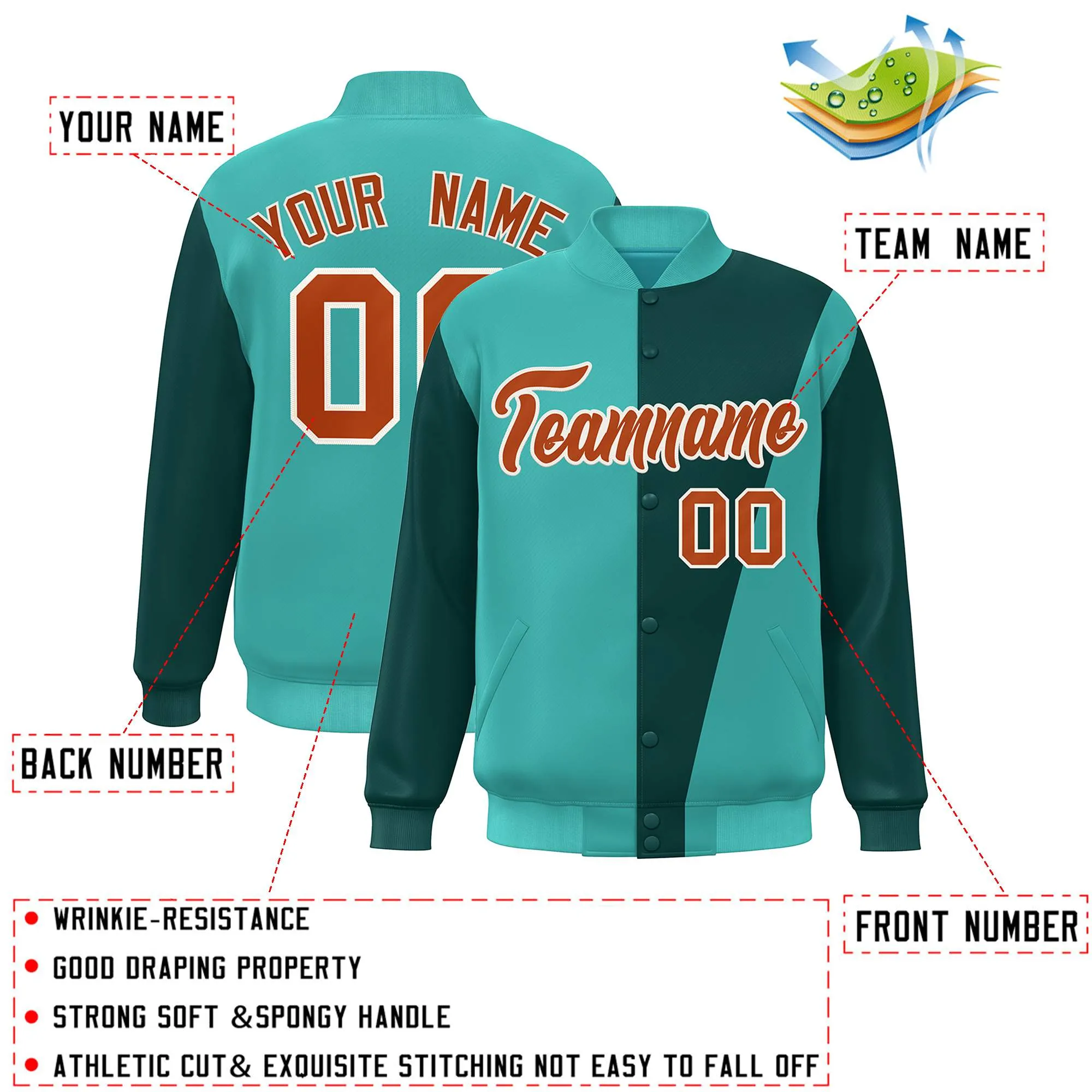 Custom Aqua Midnight Green-Orange Color Block Varsity Full-Snap Bomber Jacket