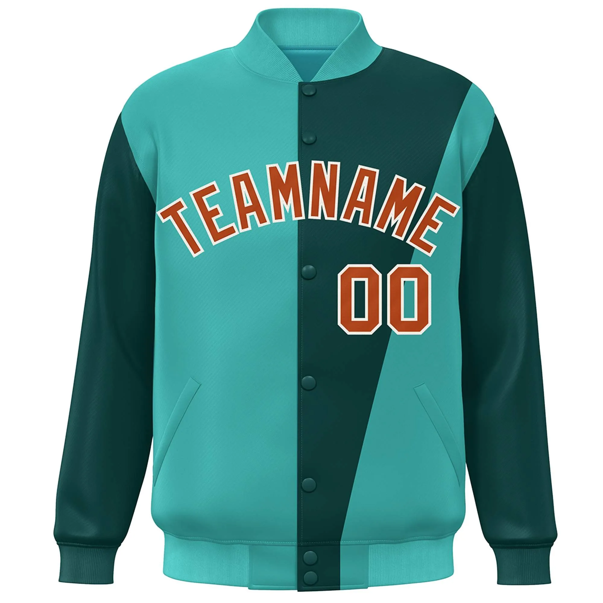 Custom Aqua Midnight Green-Orange Color Block Varsity Full-Snap Bomber Jacket