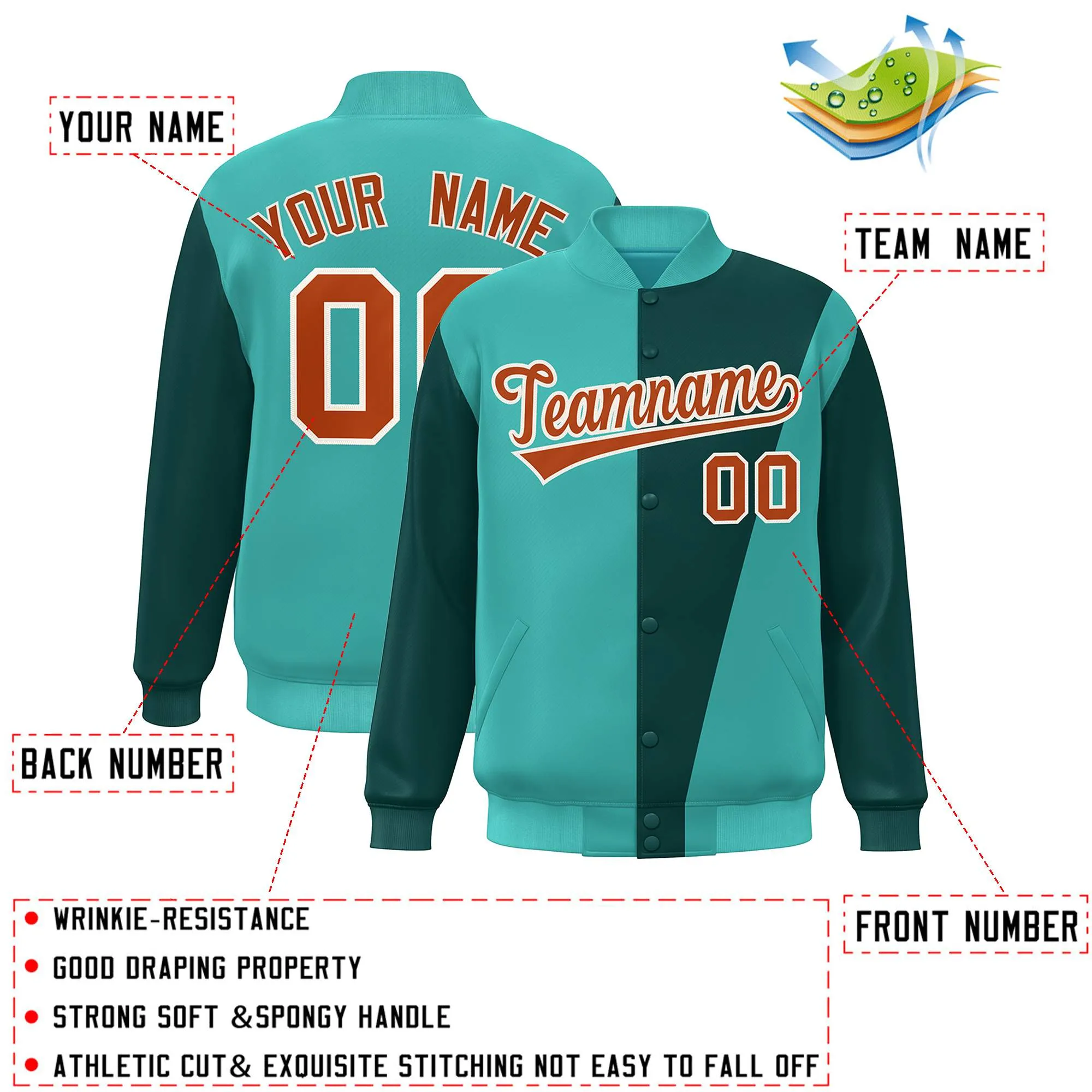 Custom Aqua Midnight Green-Orange Color Block Varsity Full-Snap Bomber Jacket