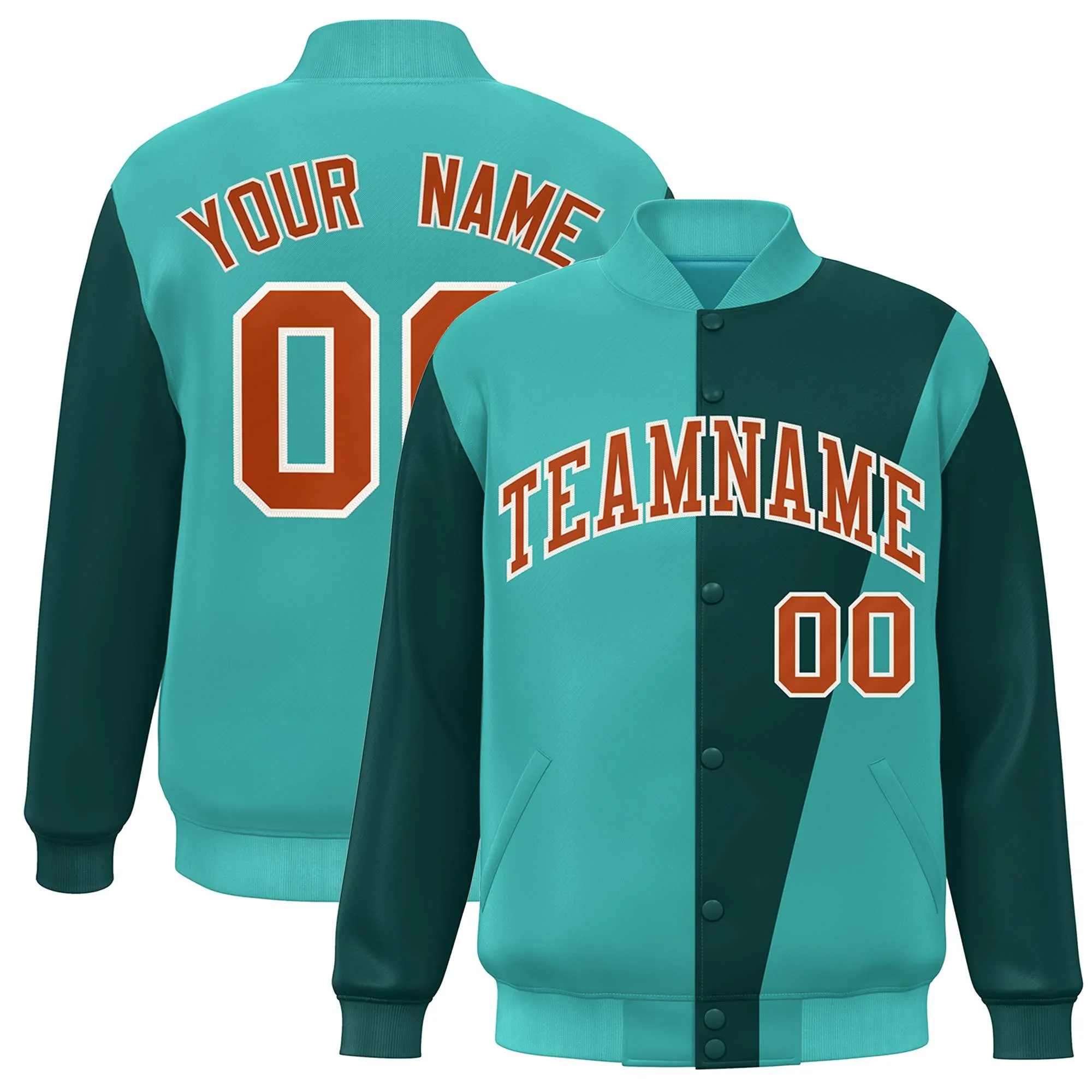 Custom Aqua Midnight Green-Orange Color Block Varsity Full-Snap Bomber Jacket