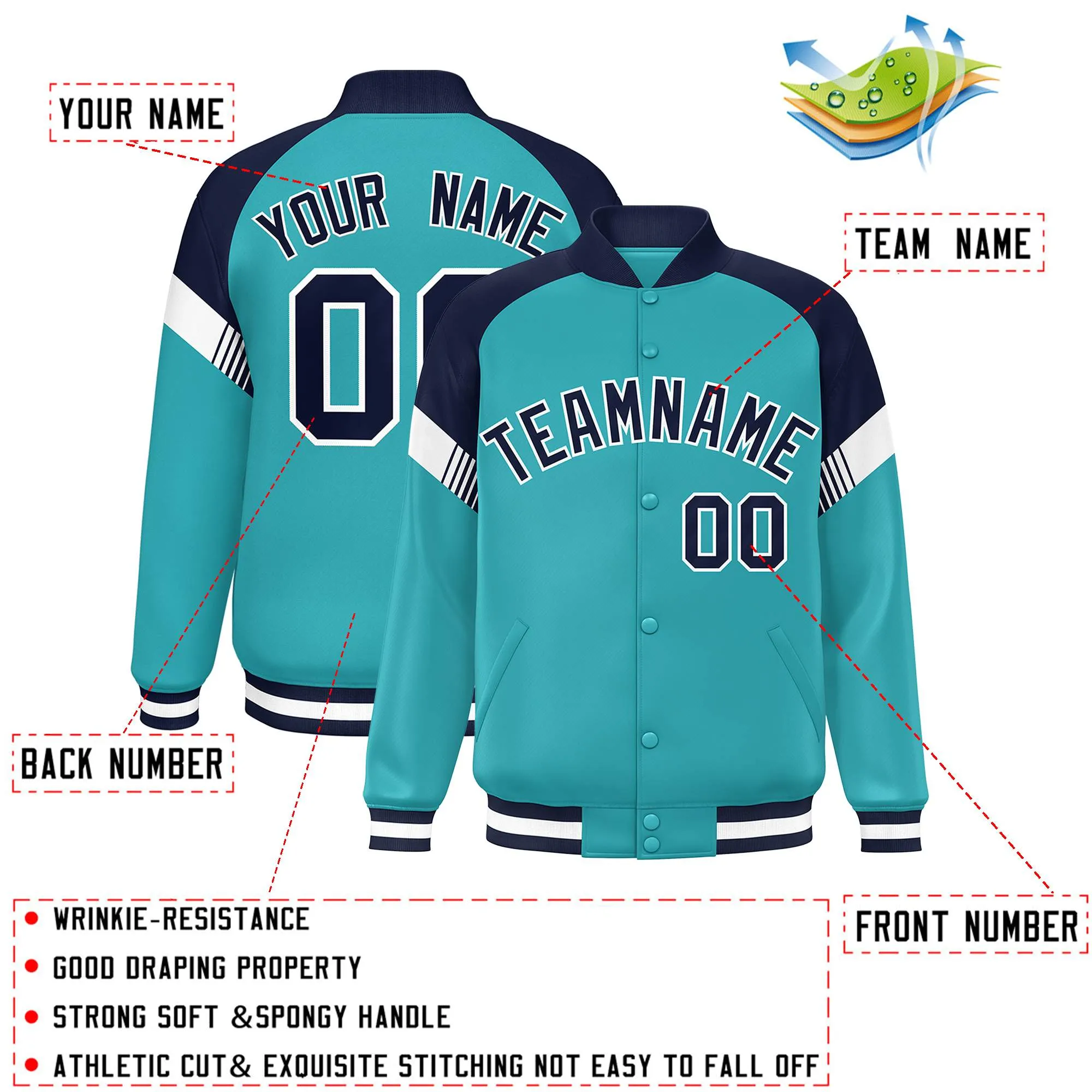 Custom Aqua Navy-White Varsity Full-Snap Color Block Letterman Jacket