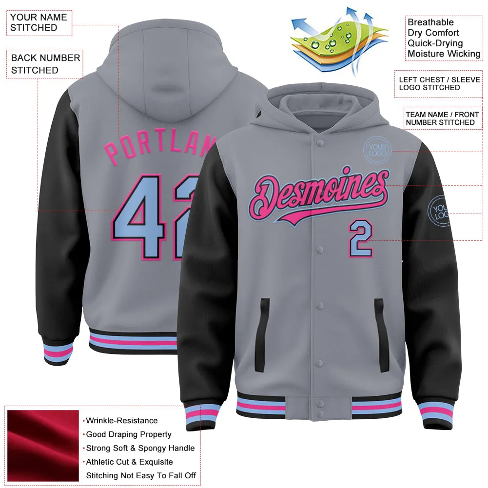 Custom Gray Light Blue Black-Pink Bomber Full-Snap Varsity Letterman Two Tone Hoodie Jacket