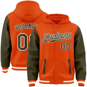 Custom Orange Olive-White Bomber Full-Snap Varsity Letterman Two Tone Hoodie Jacket