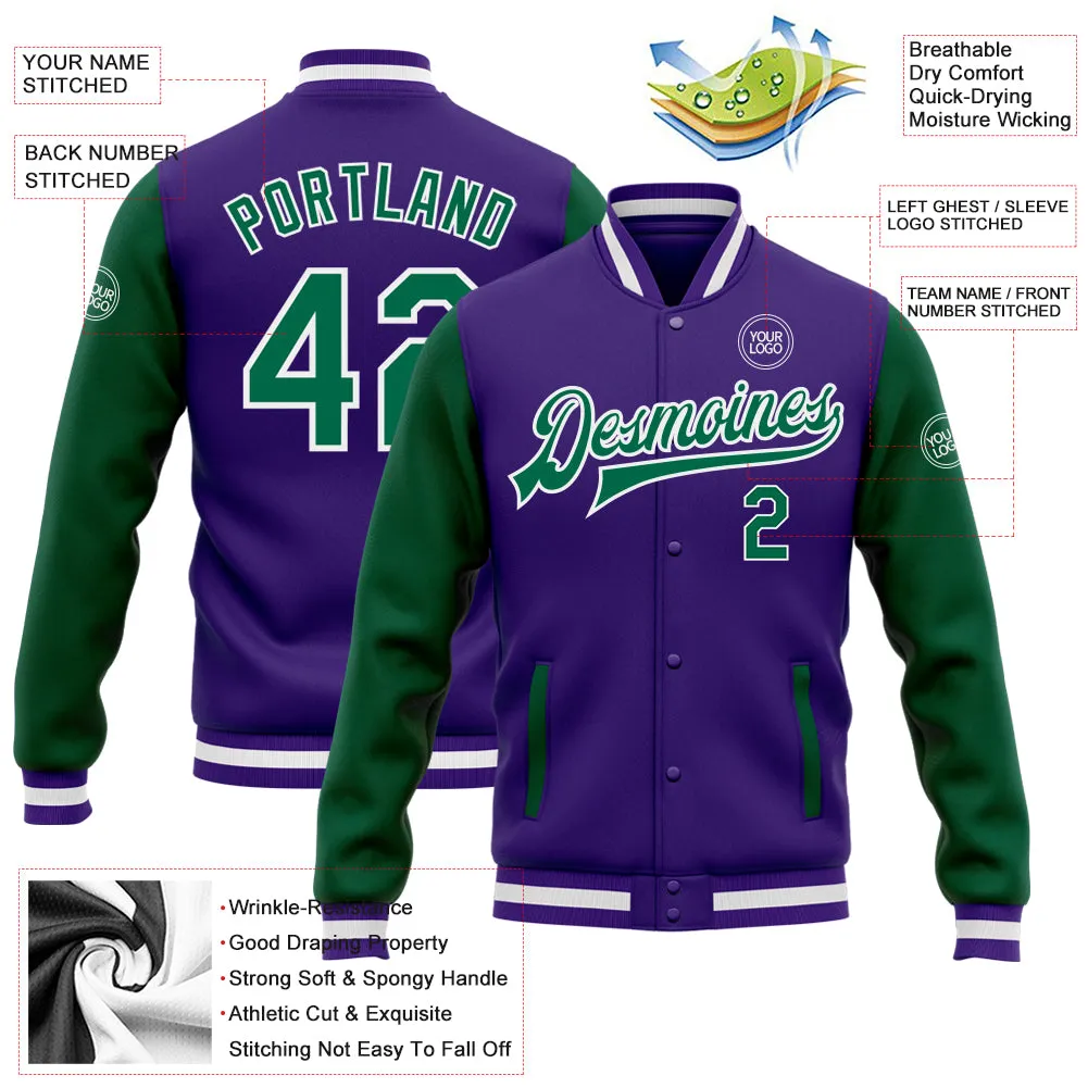 Custom Purple Kelly Green-White Bomber Full-Snap Varsity Letterman Two Tone Jacket