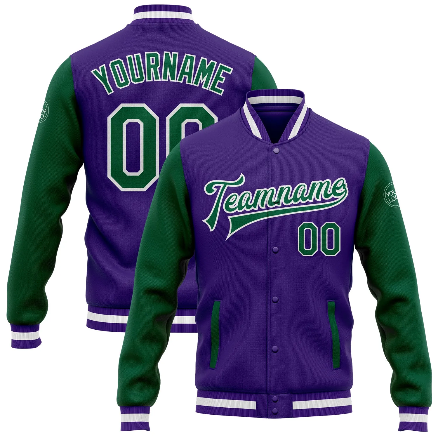 Custom Purple Kelly Green-White Bomber Full-Snap Varsity Letterman Two Tone Jacket