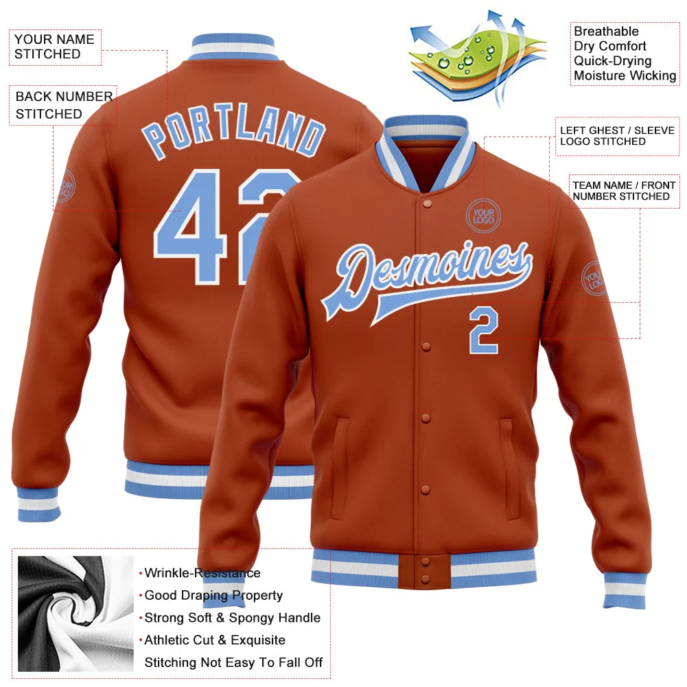 Custom Texas Orange Light Blue-White Bomber Full-Snap Varsity Letterman Jacket