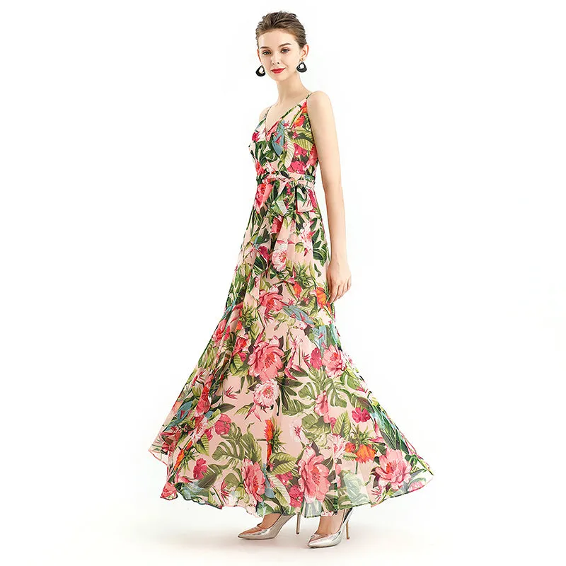 D113 Women floral print chiffon spaghetti straps gathered detailing flared maxi party dress