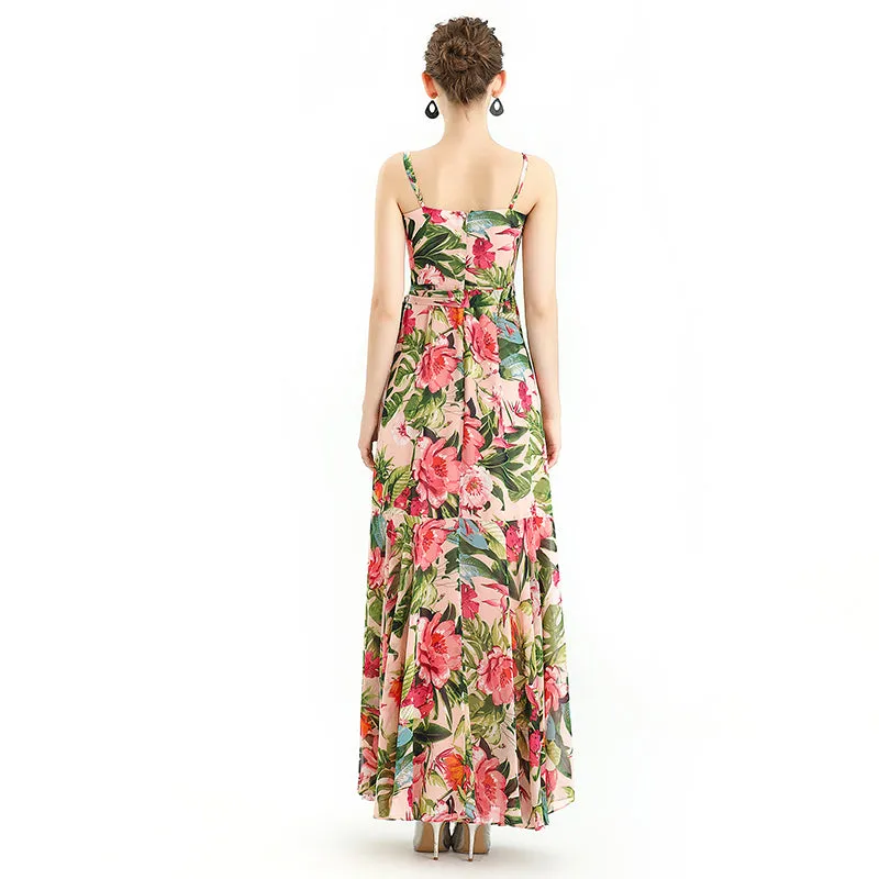 D113 Women floral print chiffon spaghetti straps gathered detailing flared maxi party dress