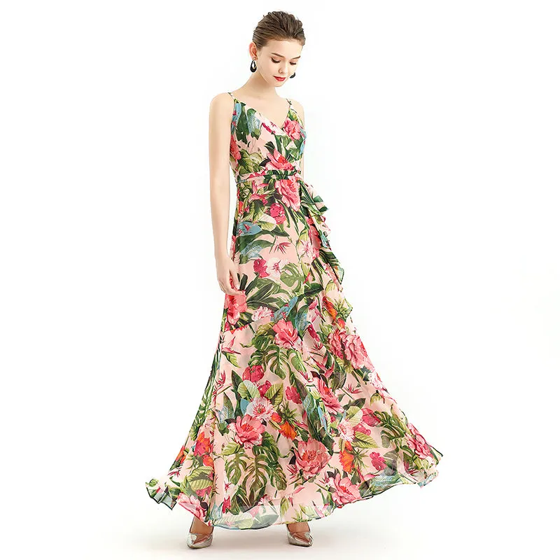 D113 Women floral print chiffon spaghetti straps gathered detailing flared maxi party dress