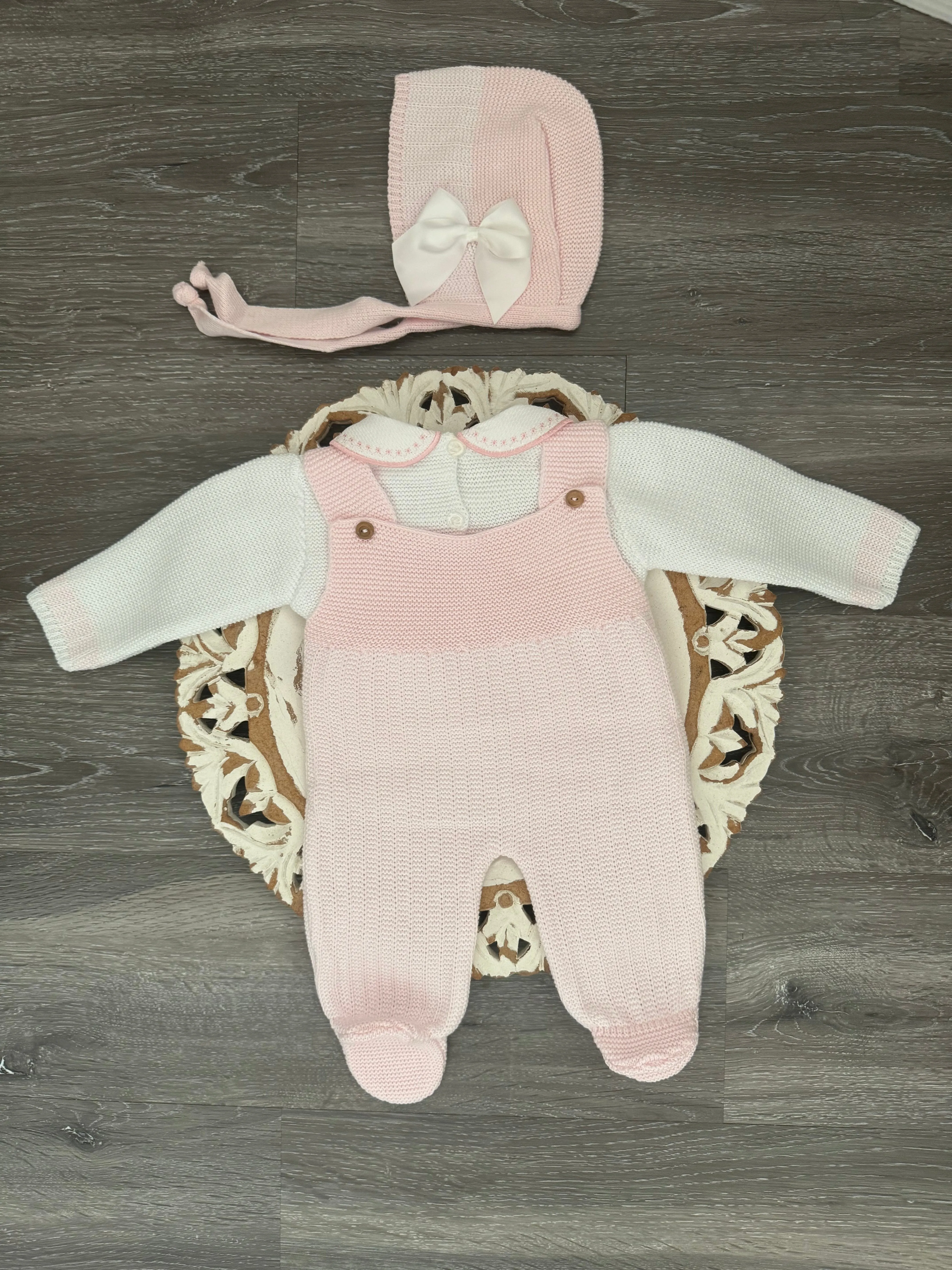 Delicate Knit Dot Line With Side Satin Bow Baby Set in Pink and White