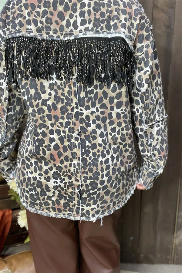 DLH13755 Leopard printed with front&back rhinestone black tassel/fringe long sleeve women coat/jacket