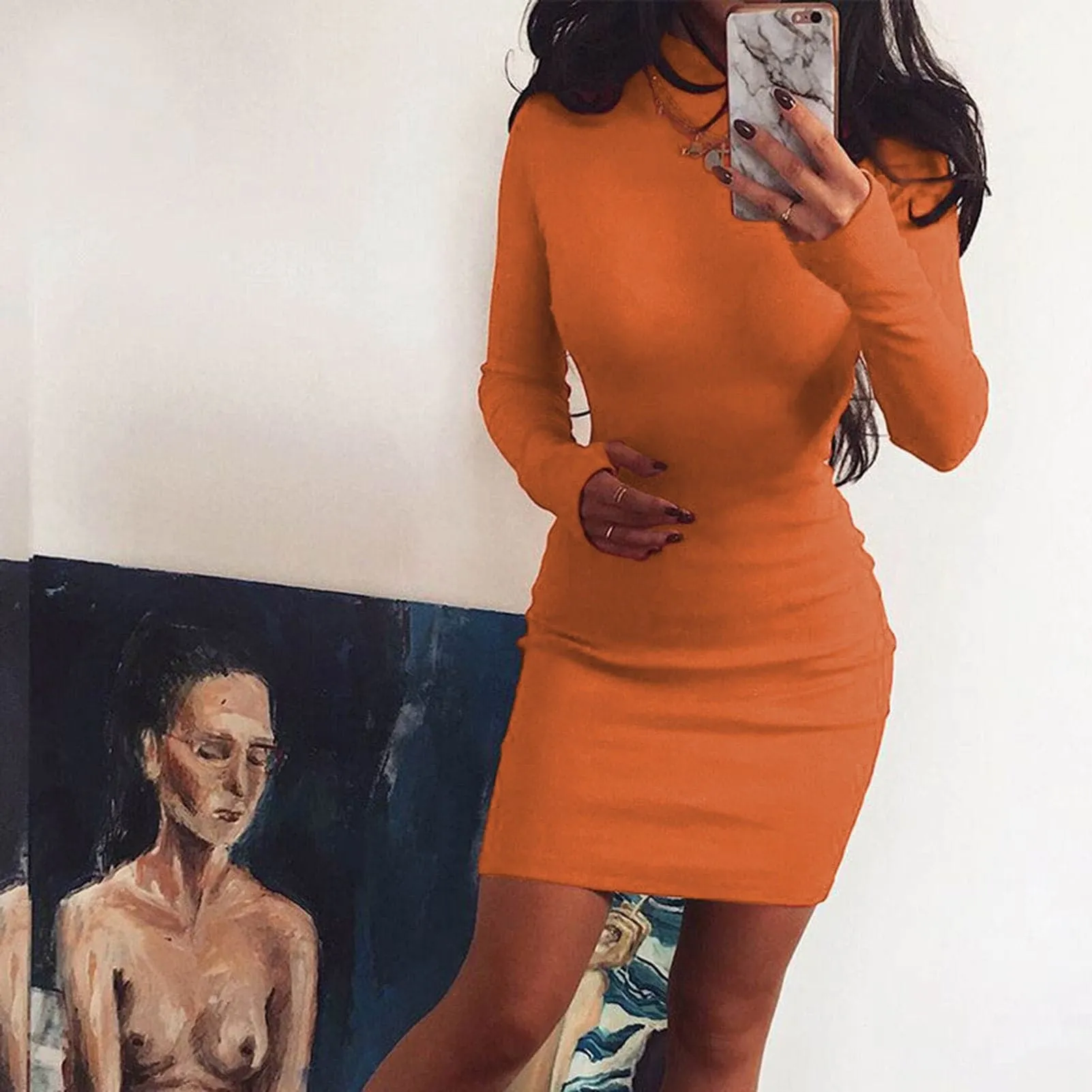 DressBetty - Solid Color Turtleneck Long Sleeve Bodycon Mini Dress