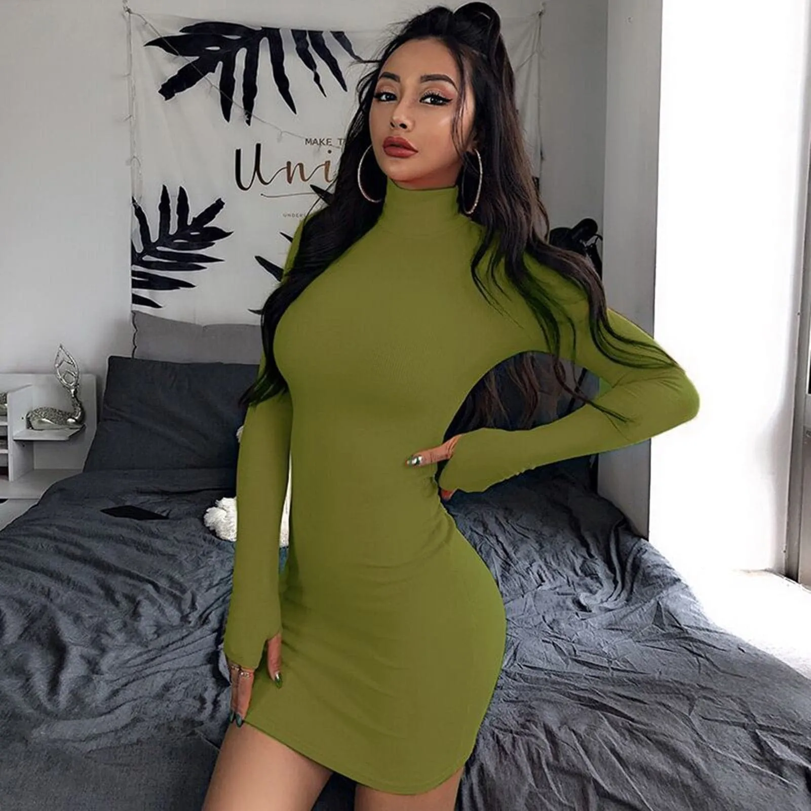 DressBetty - Solid Color Turtleneck Long Sleeve Bodycon Mini Dress