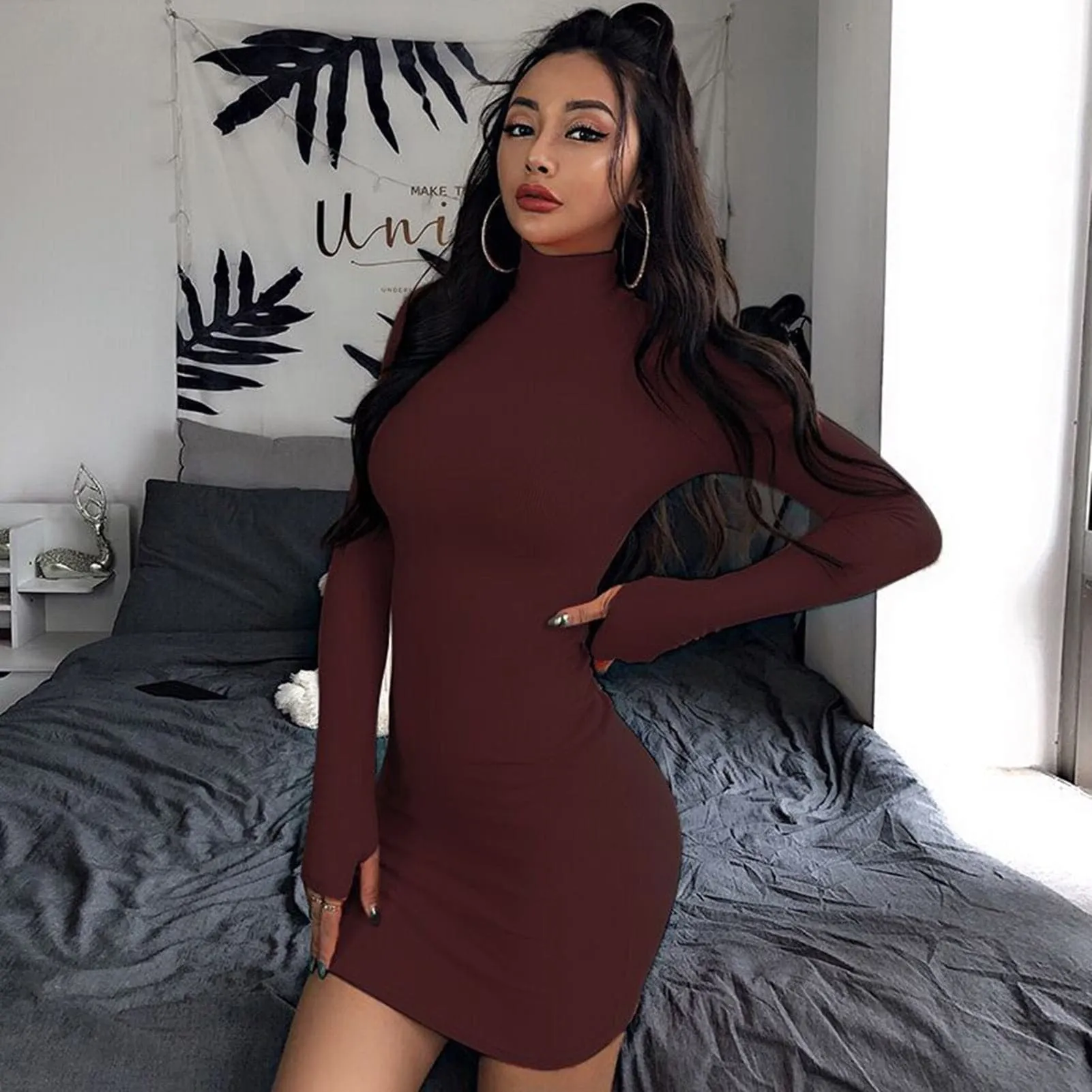 DressBetty - Solid Color Turtleneck Long Sleeve Bodycon Mini Dress