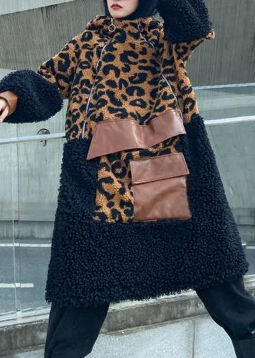 Elegant chocolate Leopard Woolen Coat Women winter coat hooded zippered coat