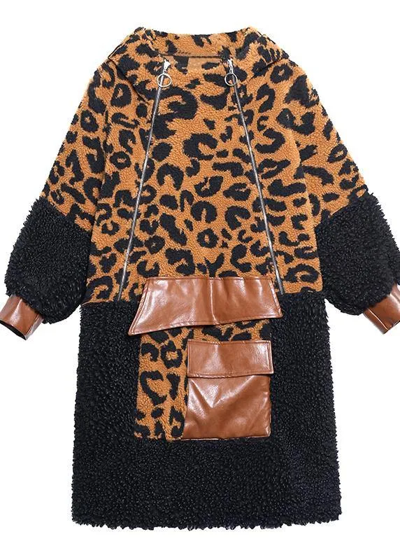 Elegant chocolate Leopard Woolen Coat Women winter coat hooded zippered coat