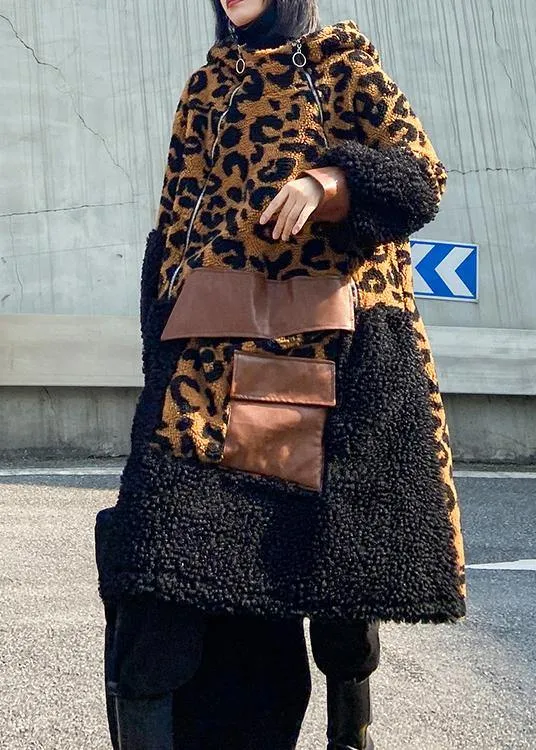 Elegant chocolate Leopard Woolen Coat Women winter coat hooded zippered coat