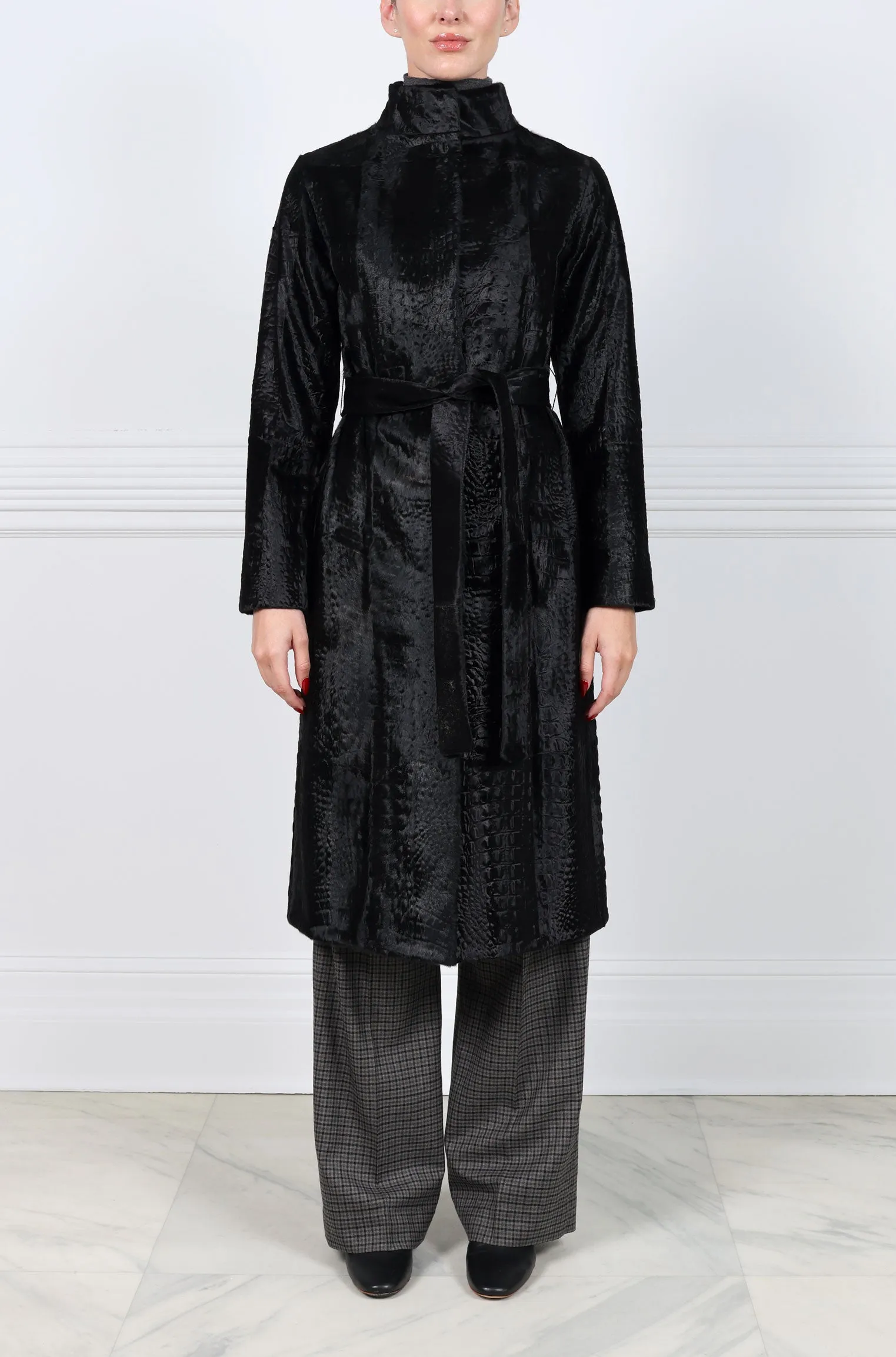 Embossed Lamb Stand Collar Belted Coat in Black