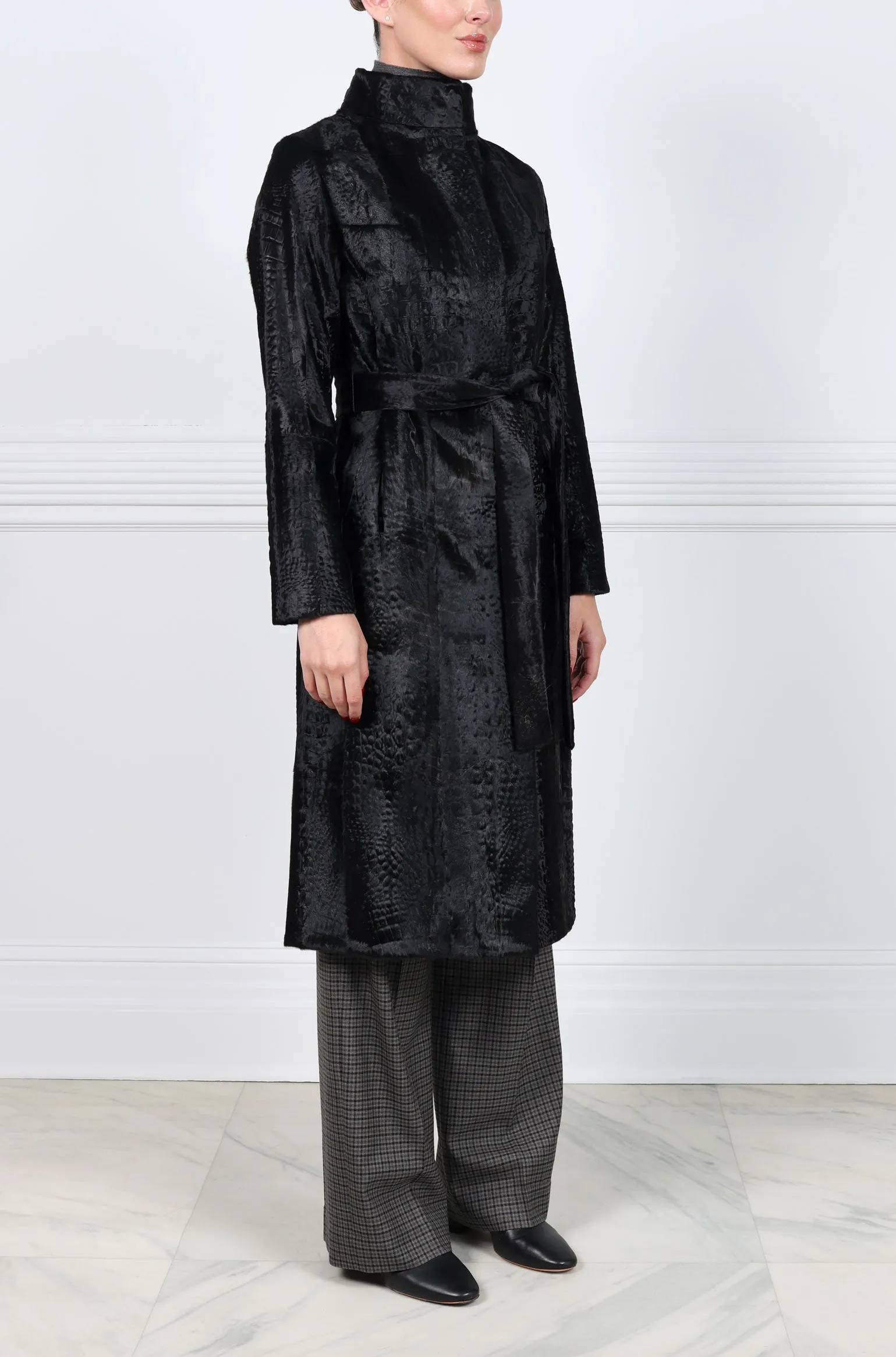 Embossed Lamb Stand Collar Belted Coat in Black