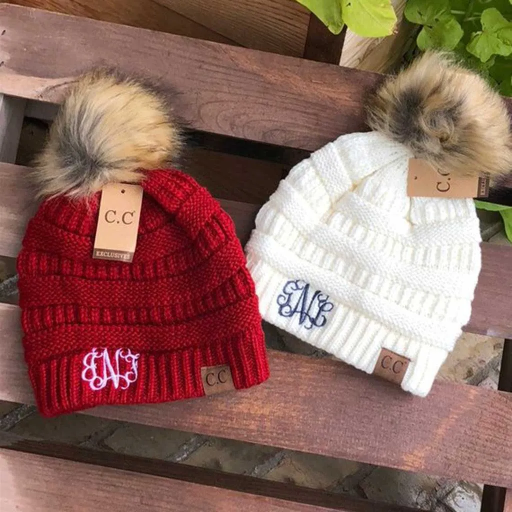 Embroidered Kids Fur Pom Beanie