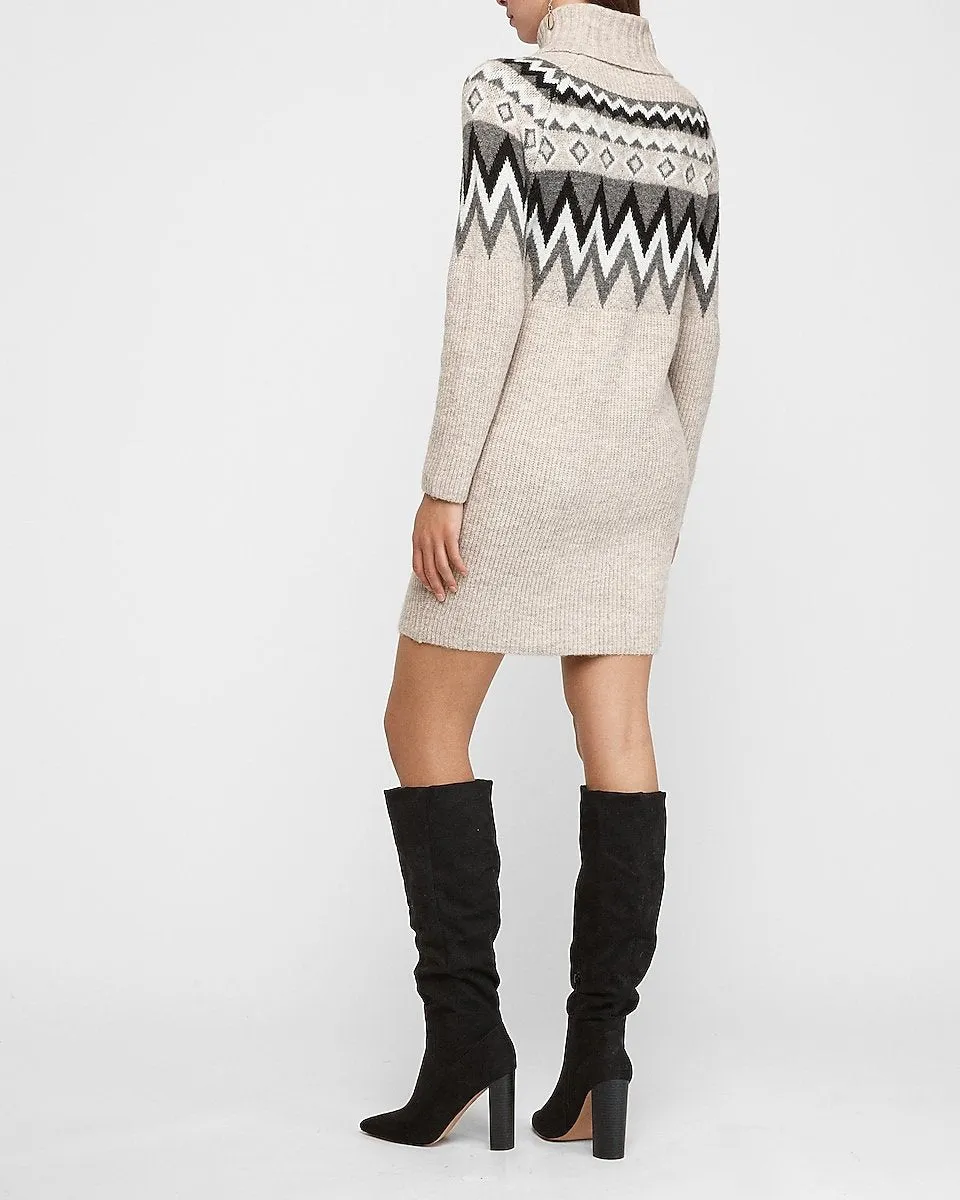 Fair Isle Turtleneck Shift Sweater Dress in White Print