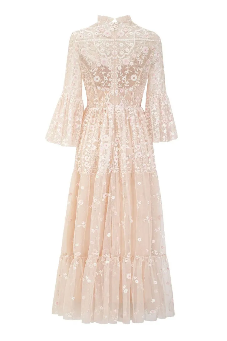 Fairytale Floral Embroidered Beaded Sequin Ruffle Tulle Evening Maxi Dress