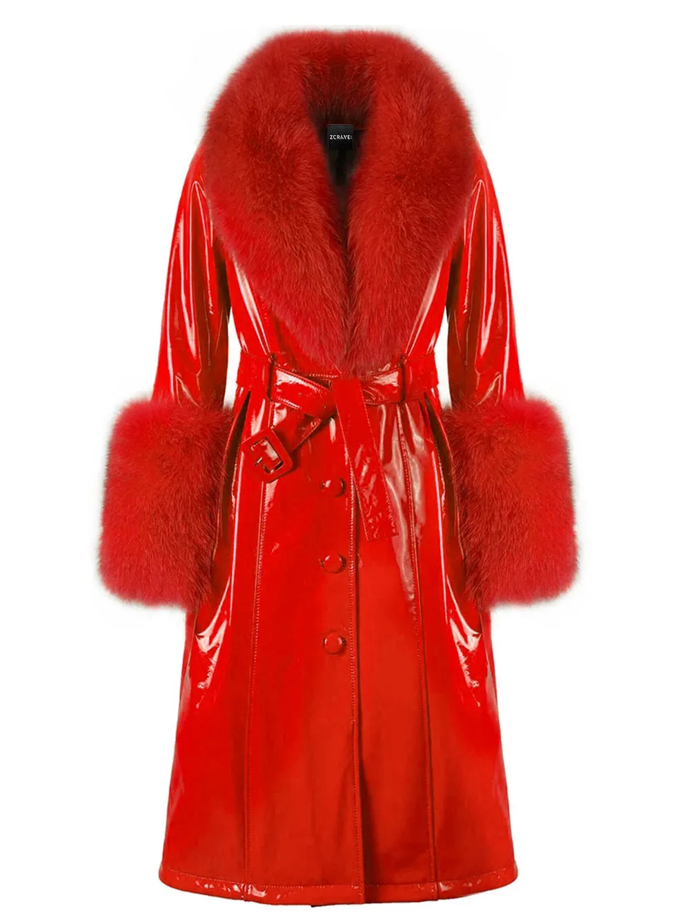 Faux Fur Genuine Patent Leather Coat in Red