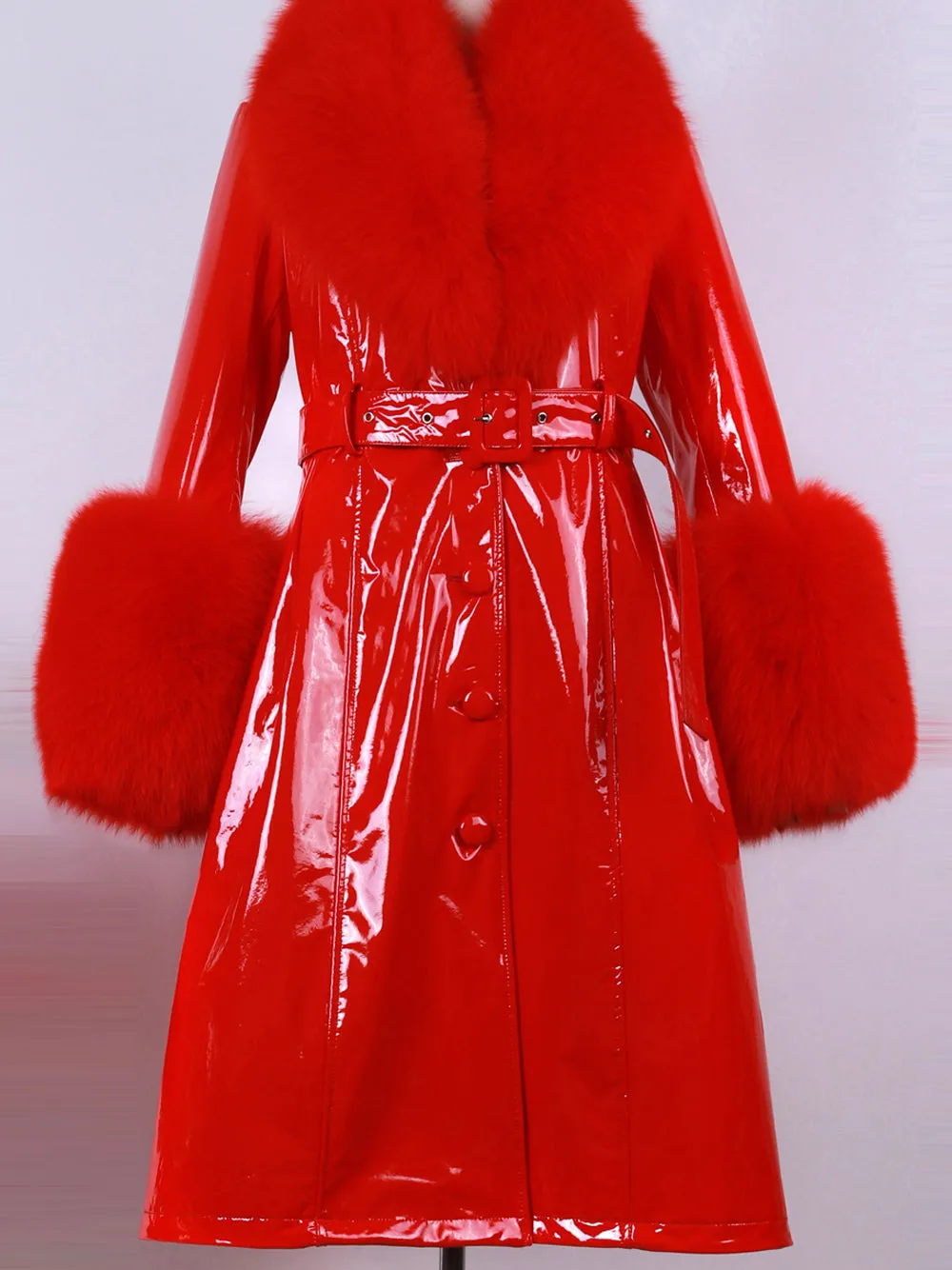 Faux Fur Genuine Patent Leather Coat in Red