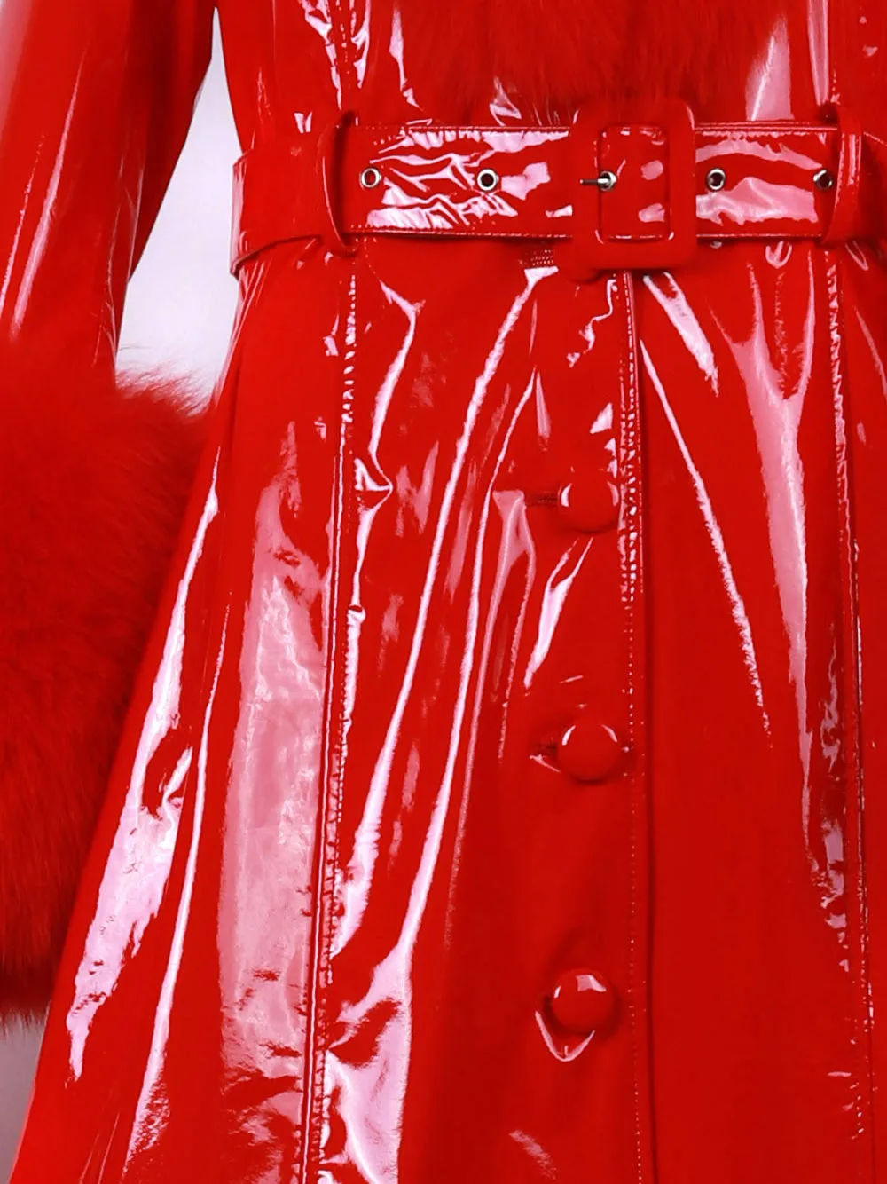 Faux Fur Genuine Patent Leather Coat in Red