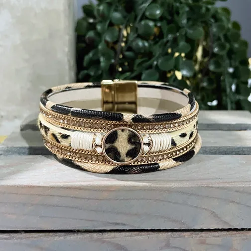 Faux Fur Mixed Leopard Print Magnetic Wrap Bracelet