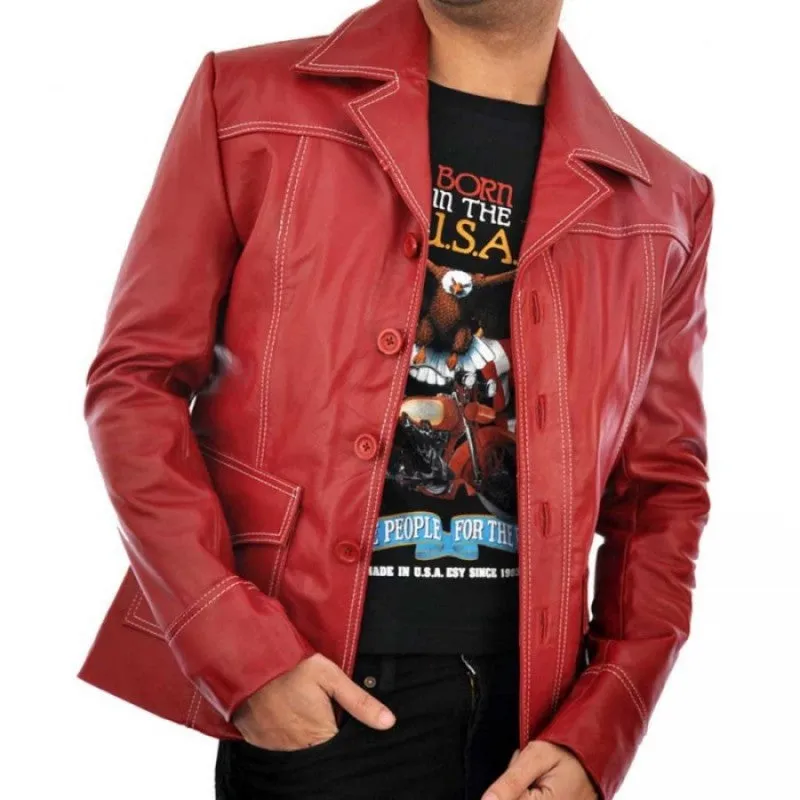 Fight Club Brad Pitt Red Leather Coat