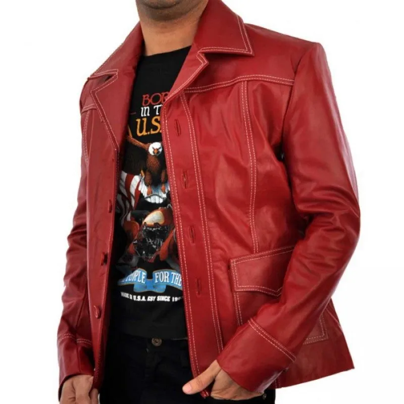 Fight Club Brad Pitt Red Leather Coat