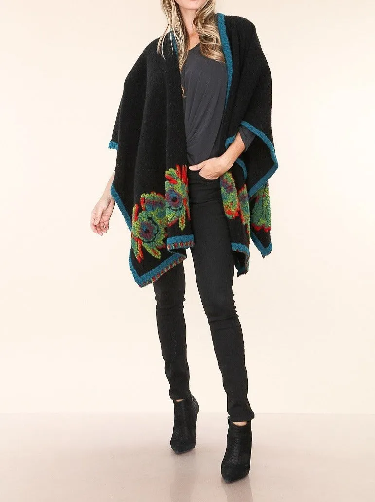 Flower Accent Knit Cape Women Poncho