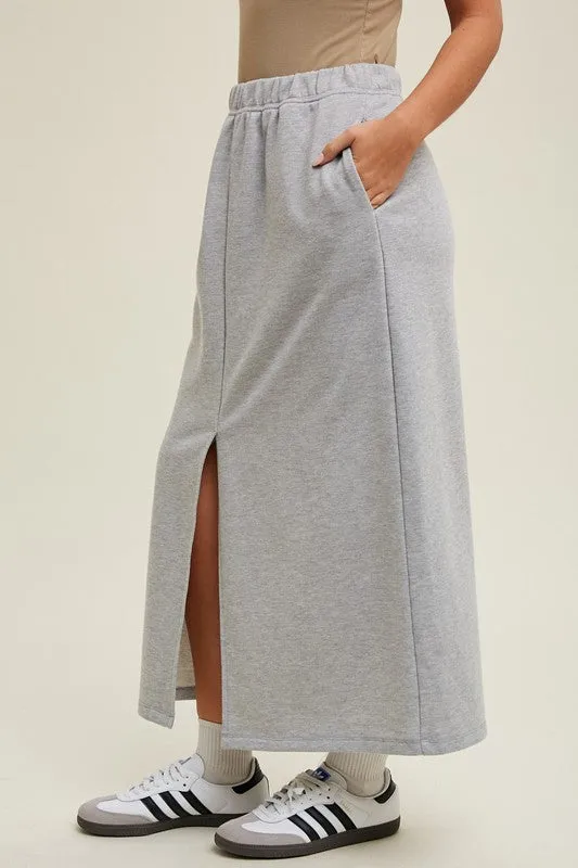 French Terry Front Slit Midi Skirt