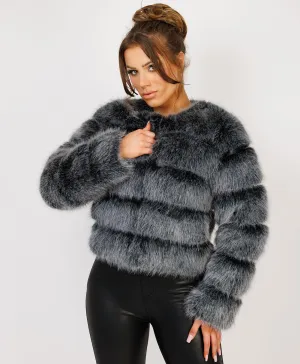 Frosted Black Premium Faux Fur Tiered Coat Jacket