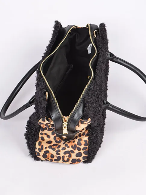 Fuzzy Black & Leopard Tote